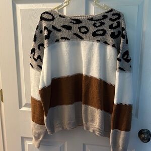 Stylish Leopard Print Sweater - White, Brown, Gray